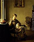 William Mcgregor Paxton Canvas Paintings - Woman Sewing